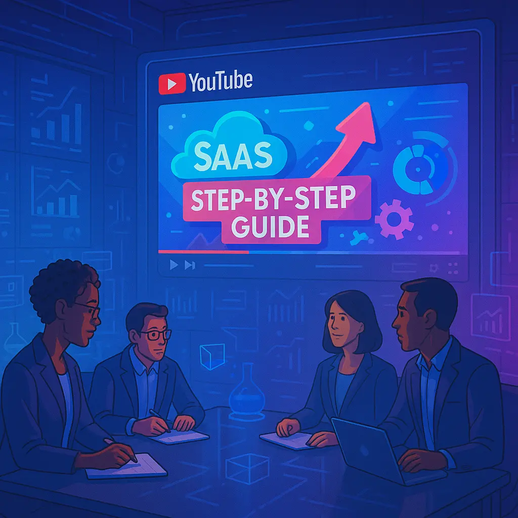 A laptop displaying the YouTube homepage with various video thumbnails, surrounded by icons representing SaaS tools and digital marketing elements like graphs, charts, and a play button.
