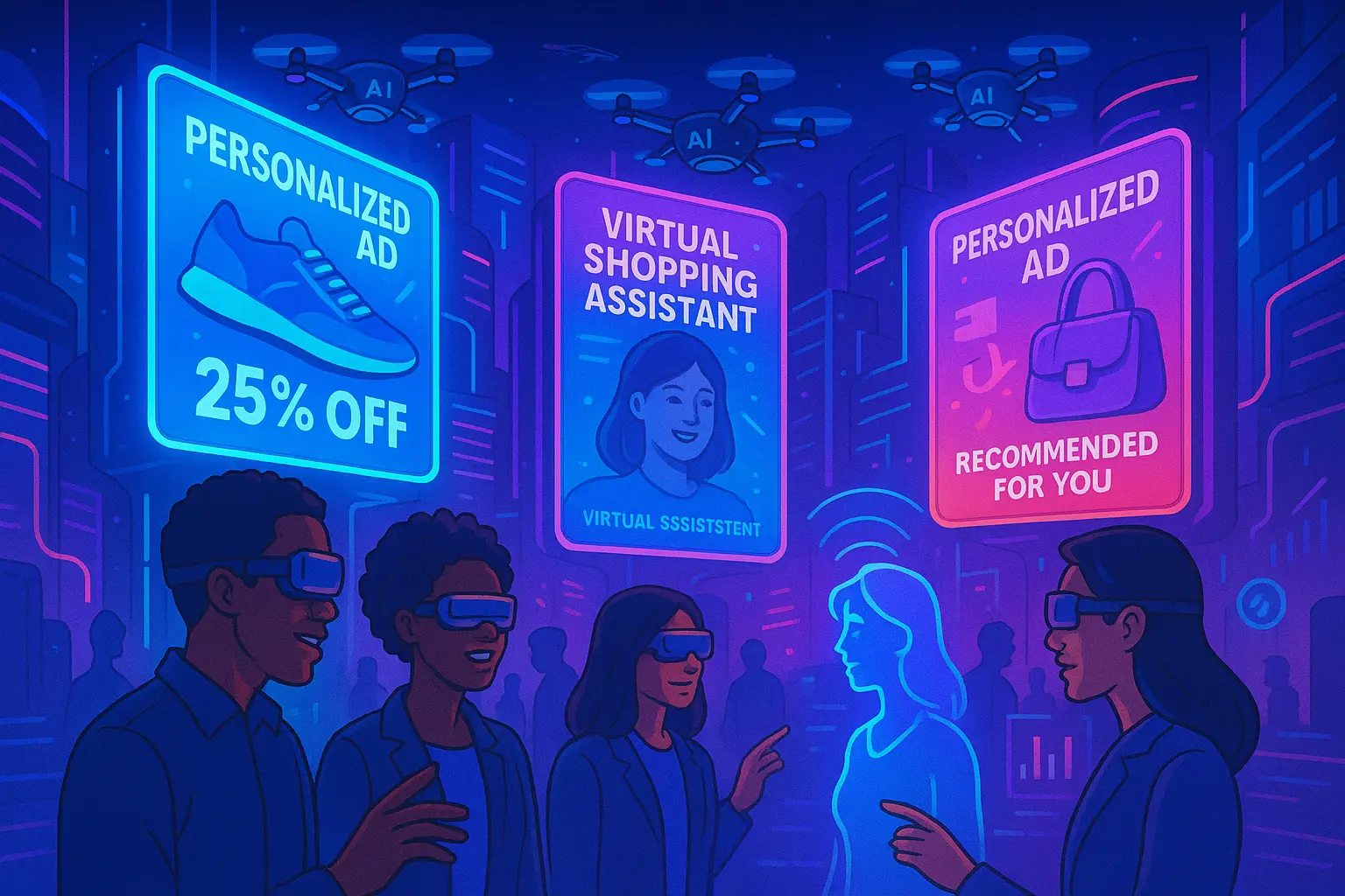 A futuristic digital marketing dashboard displaying advanced analytics and AI-driven tools, with holographic elements and diverse demographic icons, illustrating the evolution of retargeting ads in 2025.