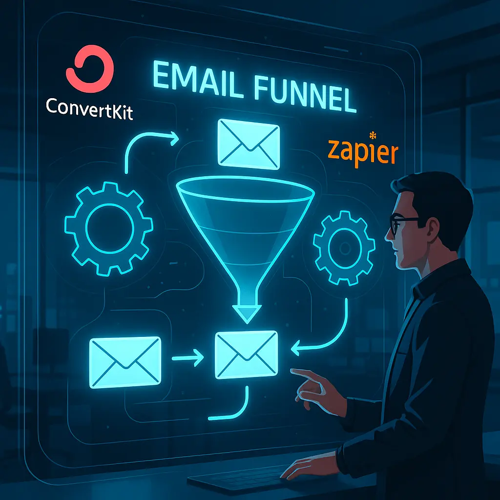 Alt text: A laptop displaying an email marketing dashboard, surrounded by icons representing automation tools like gears and arrows. The ConvertKit and Zapier logos are visible, symbolizing integration and workflow automation.