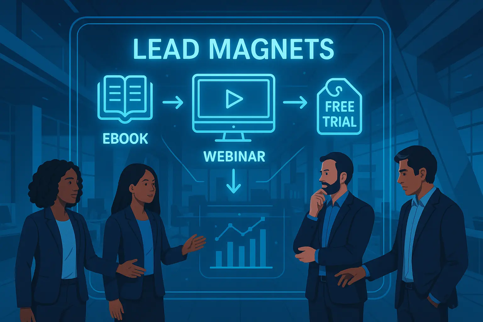 A digital illustration of a magnet attracting various digital icons representing e-books, checklists, webinars, and free trials, symbolizing effective lead magnets in 2025.