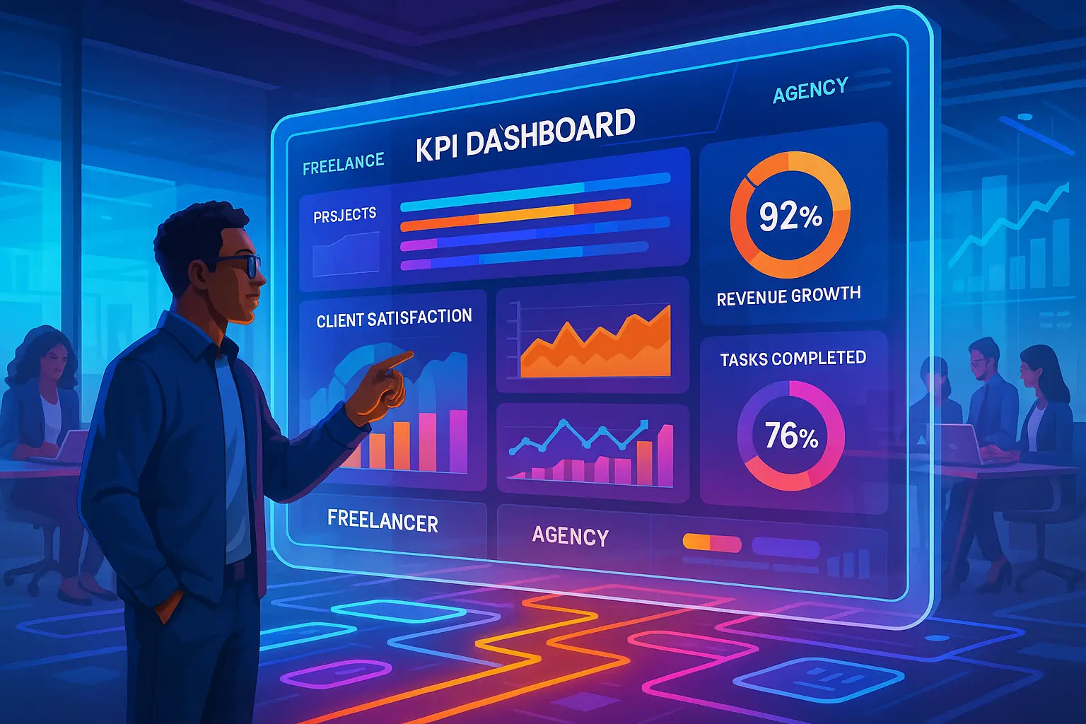 A sleek, modern digital dashboard displayed on a computer screen, featuring various colorful graphs, charts, and metrics. The dashboard includes key performance indicators such as project timelines, revenue growth, client satisfaction, and task completion rates. The background is a minimalist office setting with a freelancer or agency professional focused on analyzing the data.