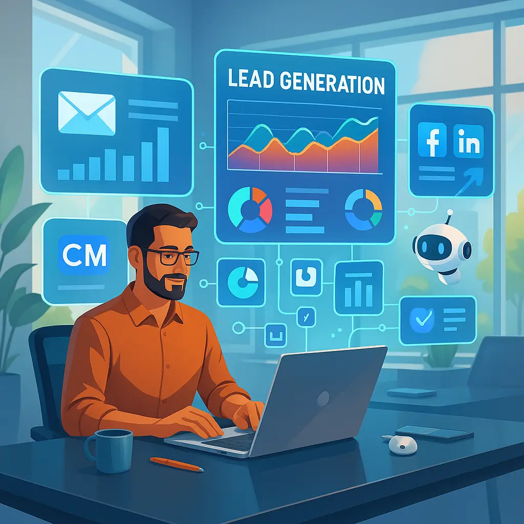 A diverse group of solopreneurs and small agency owners working together at a modern office table, surrounded by laptops, tablets, and smartphones displaying various lead generation tools and analytics.