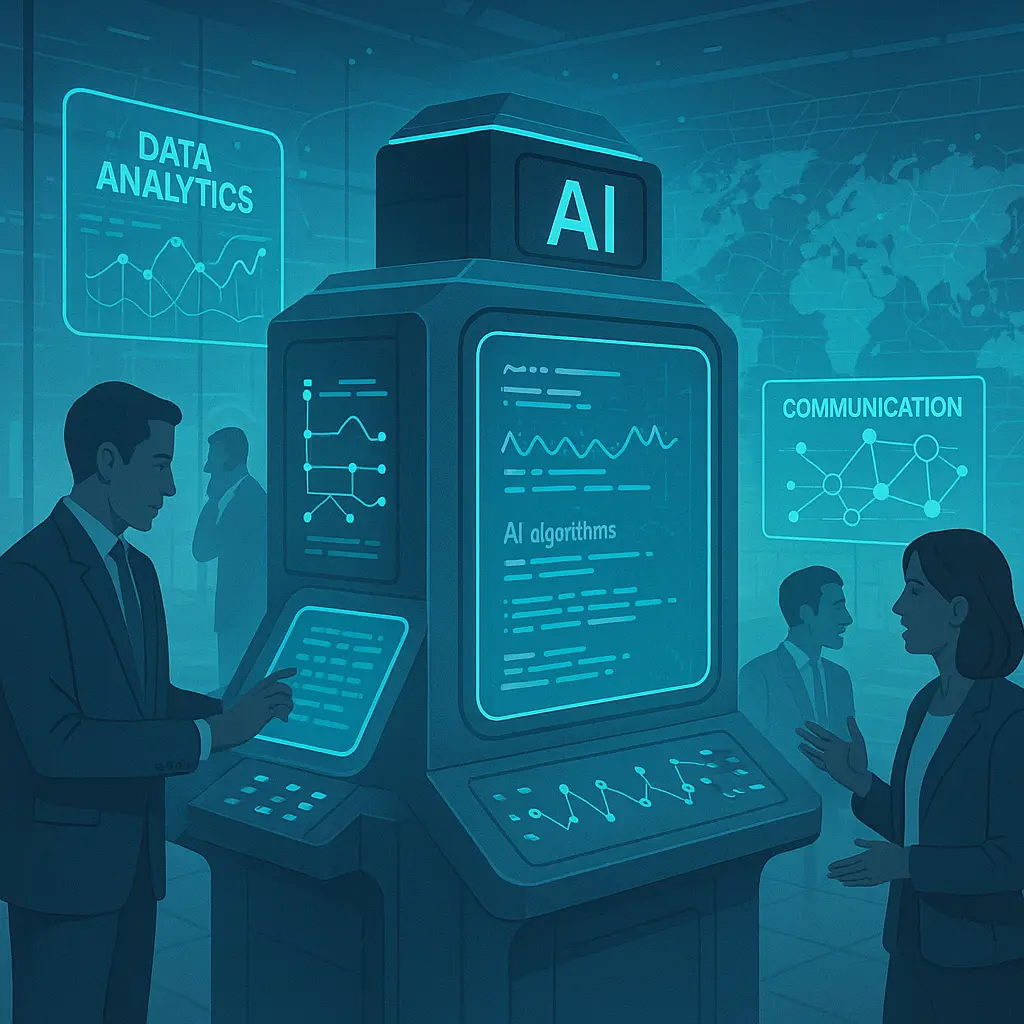 A digital illustration of a futuristic factory assembly line, where robotic arms and AI interfaces are assembling various components labeled with terms like 