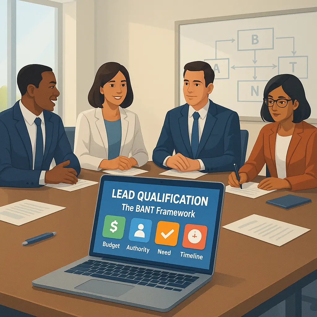 An image of a business professional analyzing a digital dashboard on a laptop, with charts and graphs representing budget, authority, need, and timeline, symbolizing the BANT framework in lead qualification.
