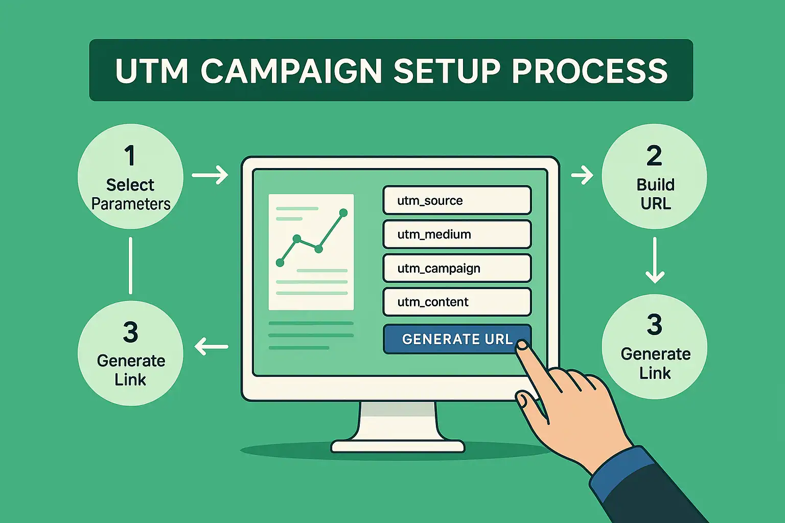 Step-by-step UTM campaign setup process showing parameter selection and URL building