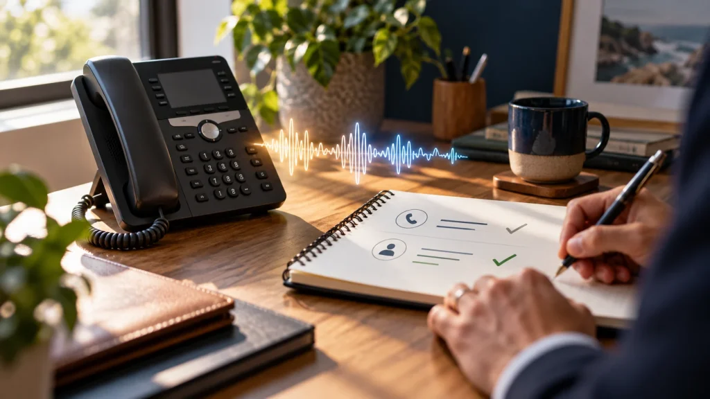 Desk phone with audio waveform and call-review notebook illustrating qualified phone leads