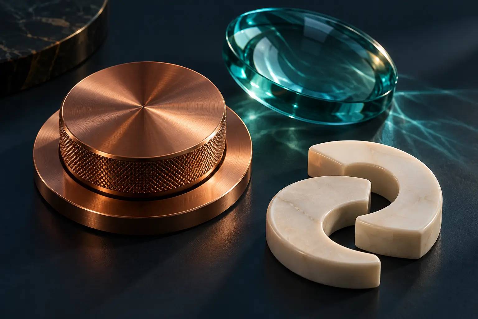 A copper calibration dial beside a teal lens and two ivory components