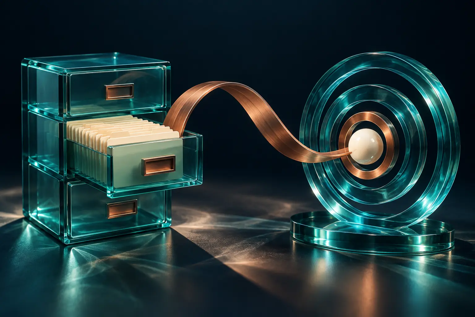 A copper loop connects a teal glass lead-card cabinet with a circular target sculpture