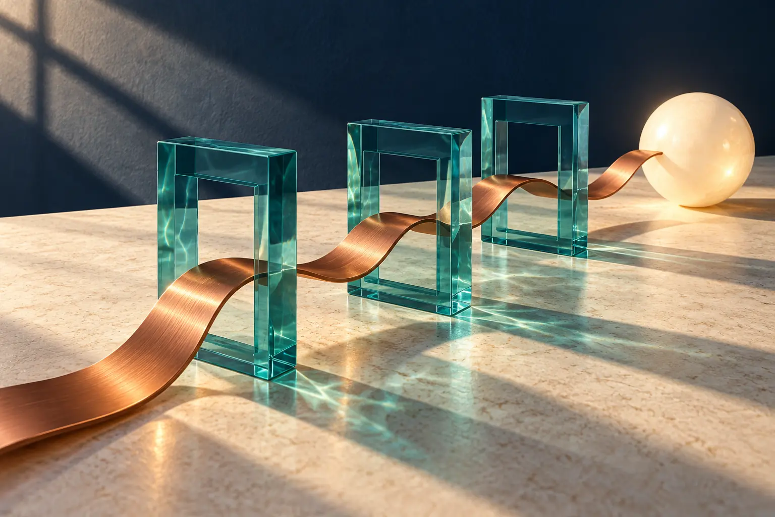 An uninterrupted copper ribbon passes through three teal glass gateways