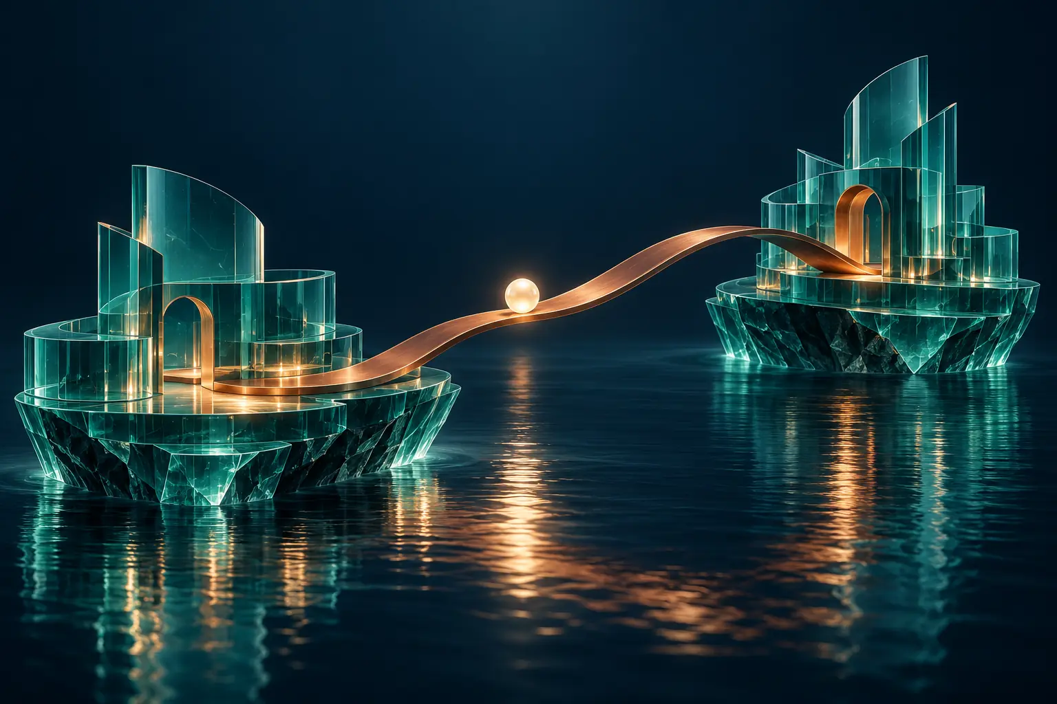 A copper bridge connects two teal glass islands as one glowing sphere crosses