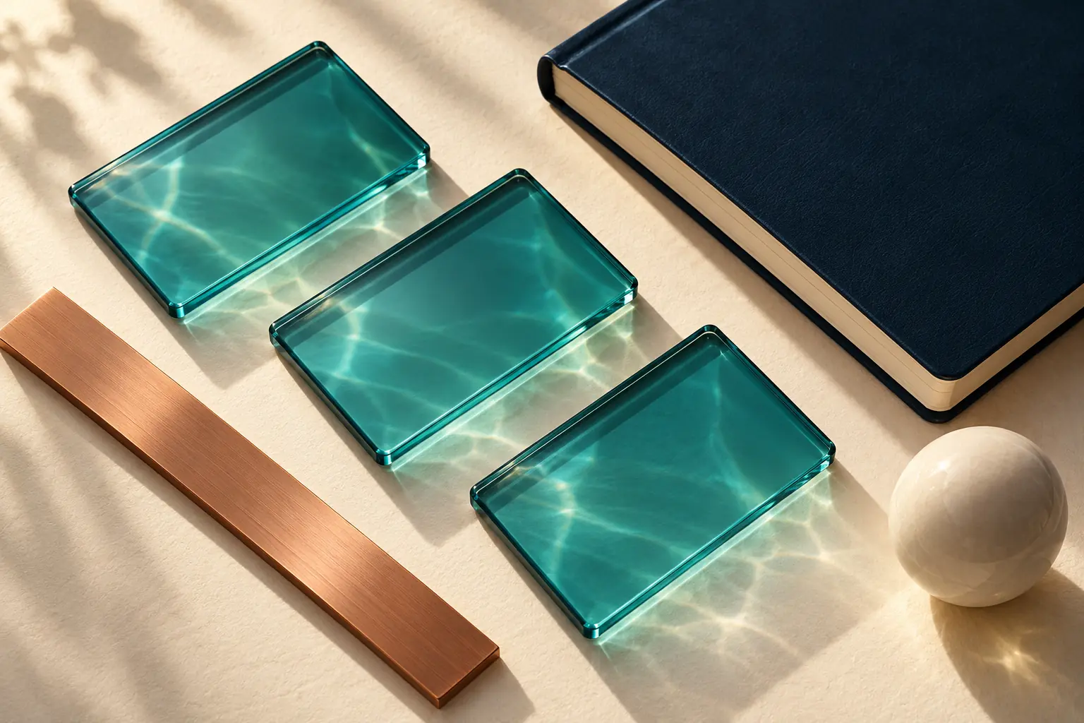 Three blank teal glass cards beside a copper ruler and navy notebook