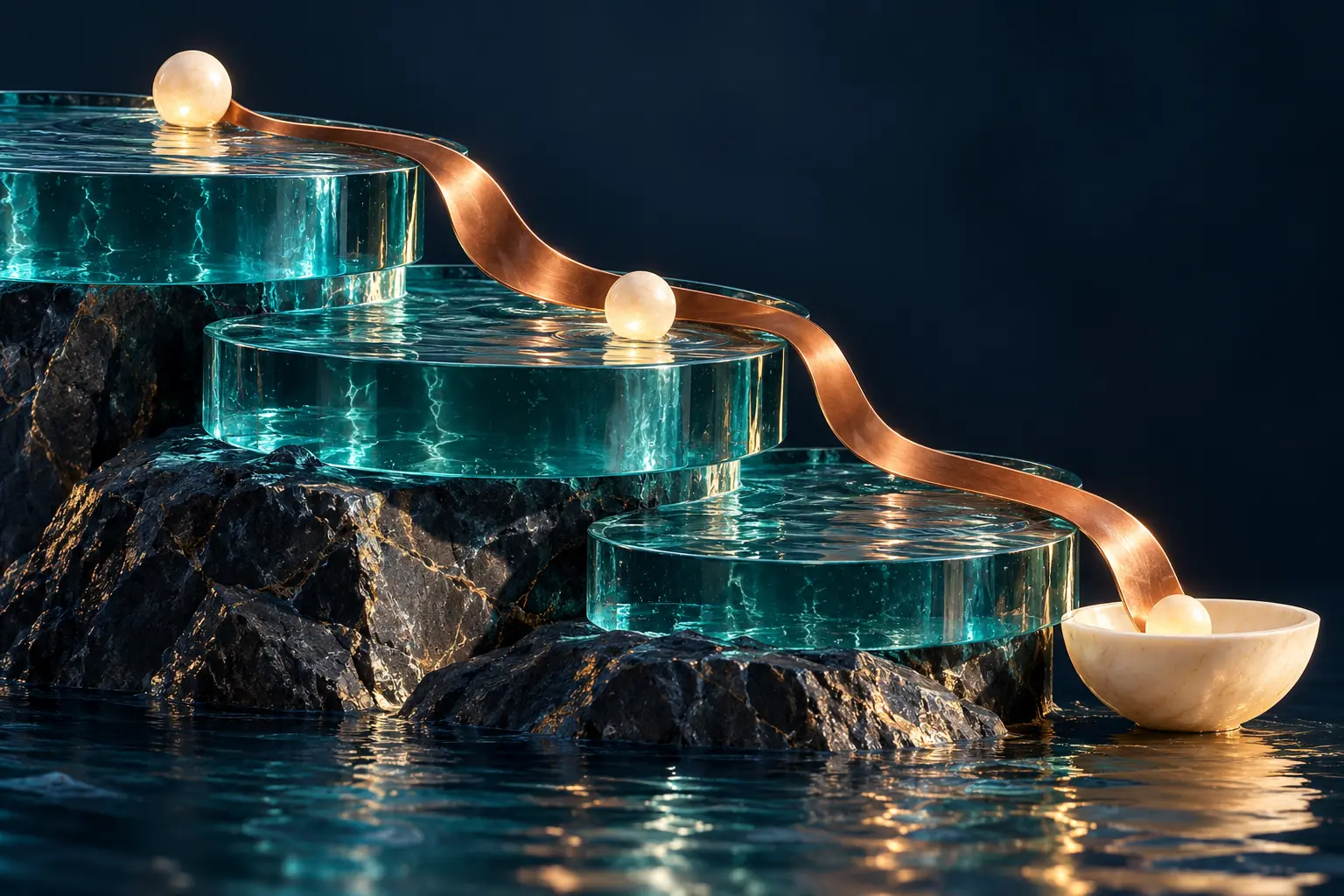 A copper ribbon links descending teal glass terraces to an ivory bowl