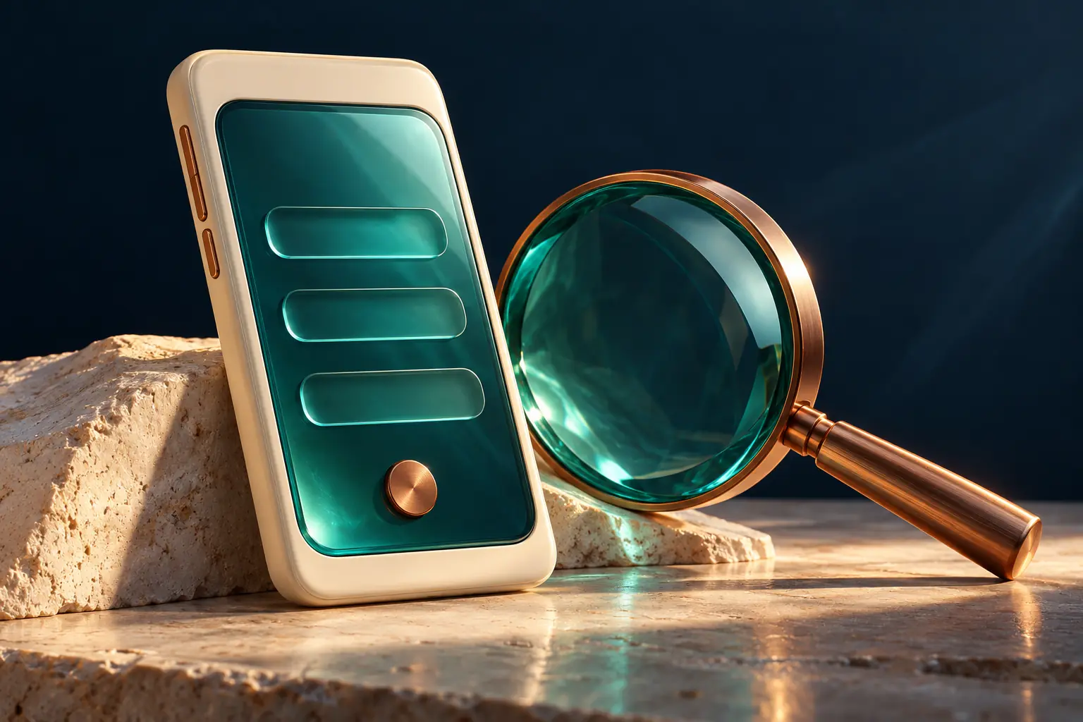 A sculptural phone form beside a large teal magnifying lens