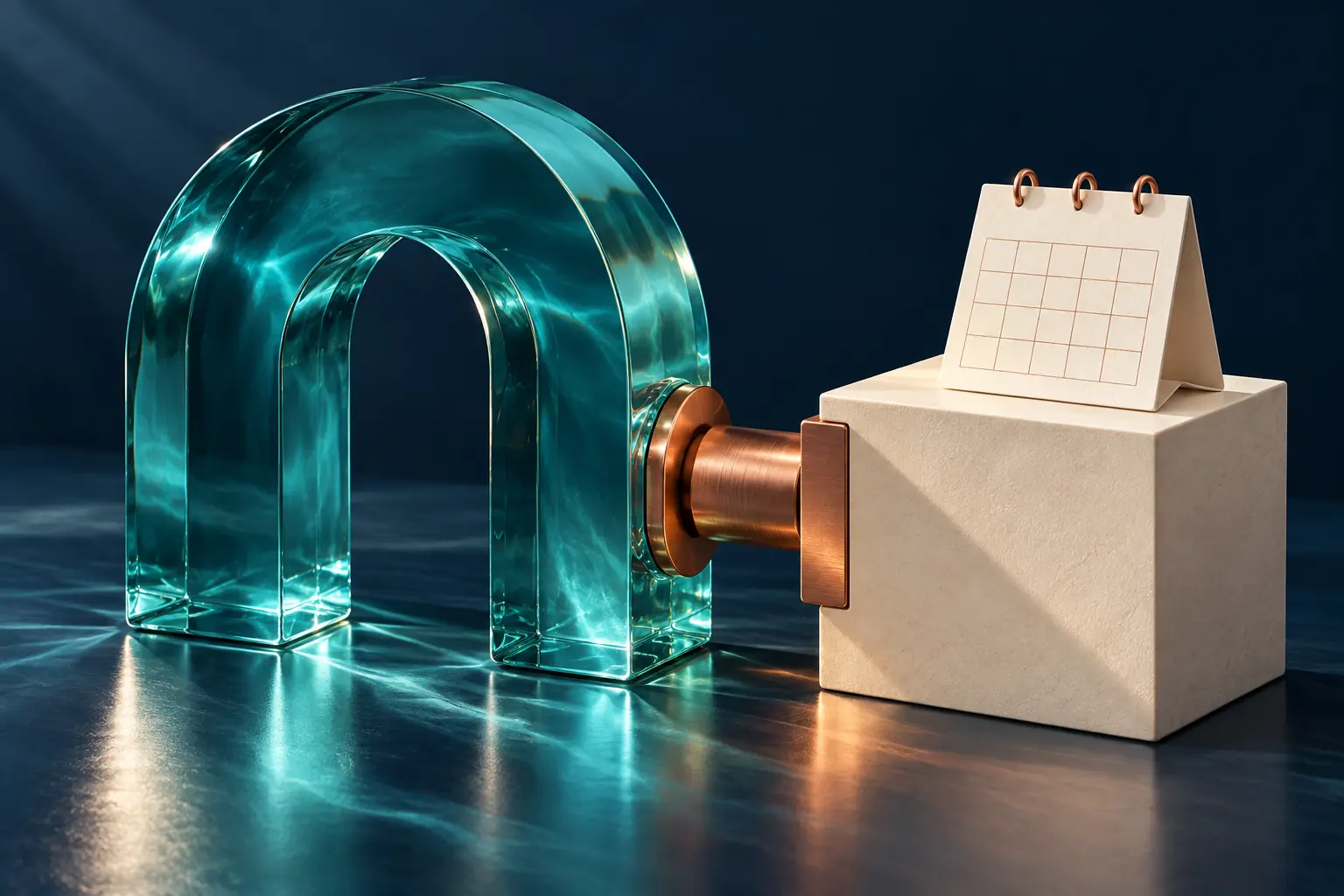 A copper connector joins a teal arch to an ivory booking calendar