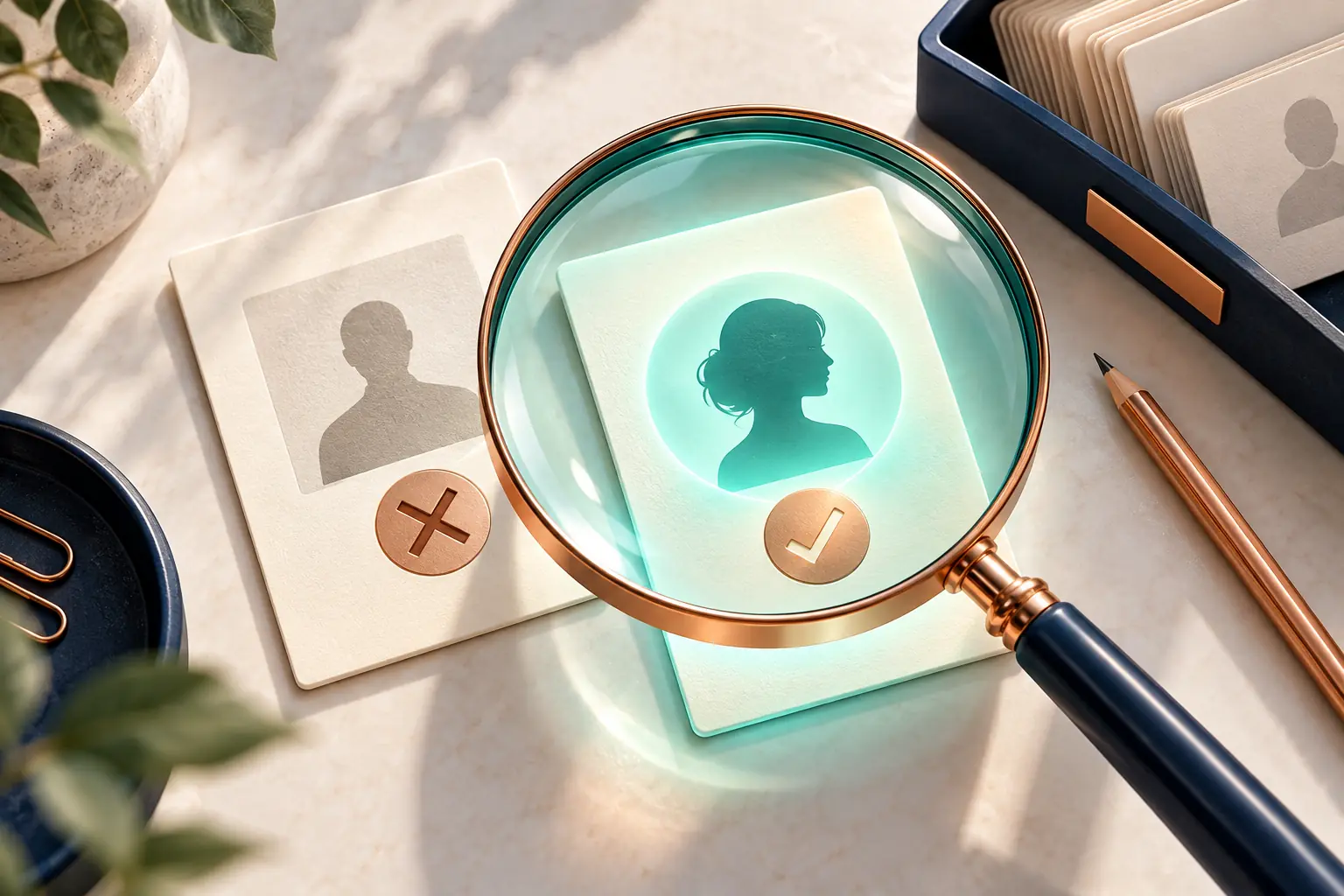 A magnifying glass over sorted inquiry cards on an ivory desk