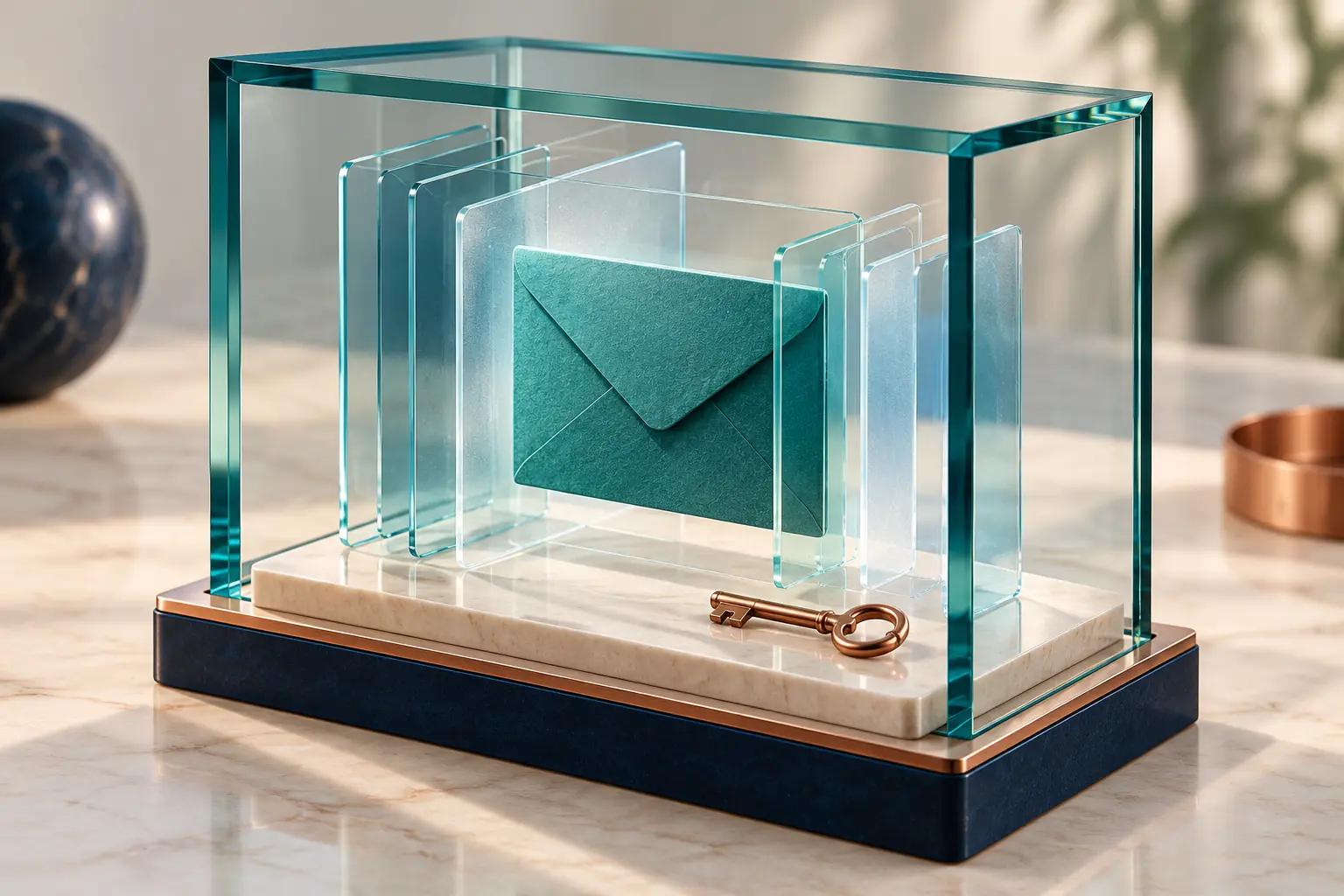 A teal message card protected by layers of glass and a copper key