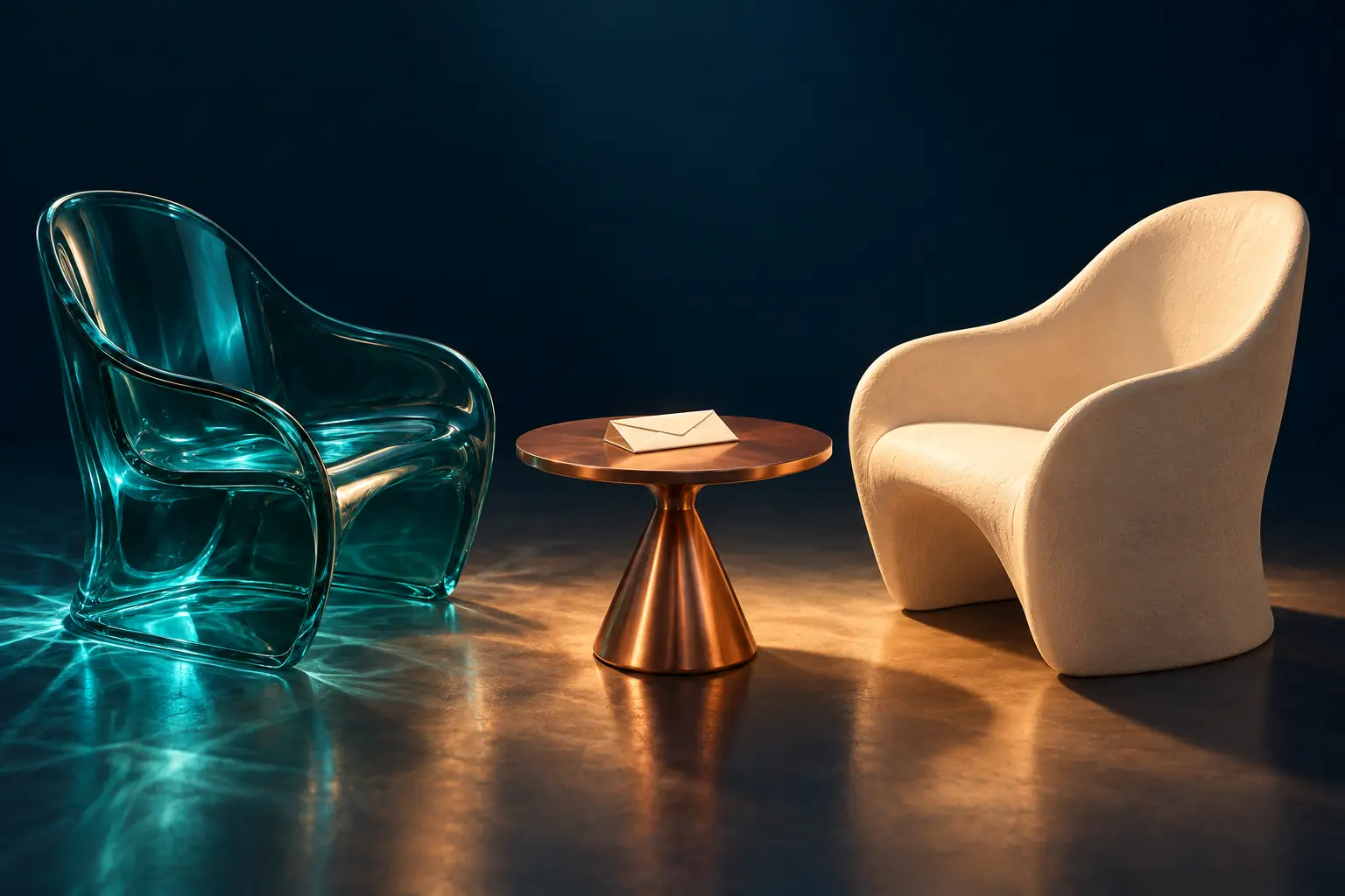 Teal and ivory chairs face an envelope on a small copper table