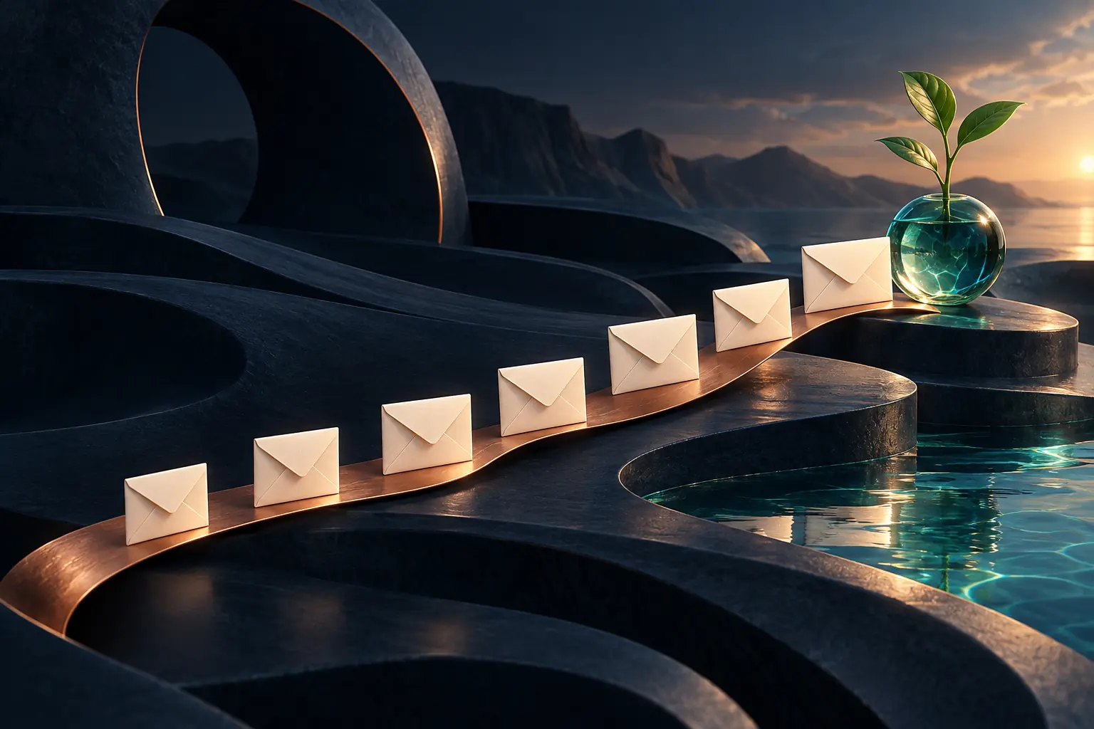 Ivory envelopes follow a copper path toward a green sprout in a teal glass vessel