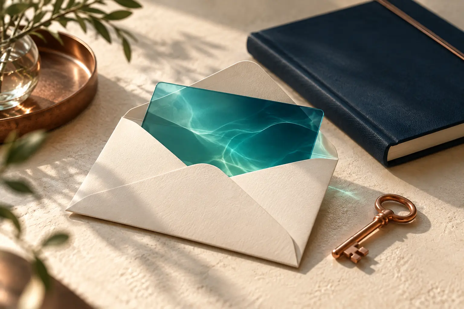 An open ivory envelope contains a teal glass card beside a copper key