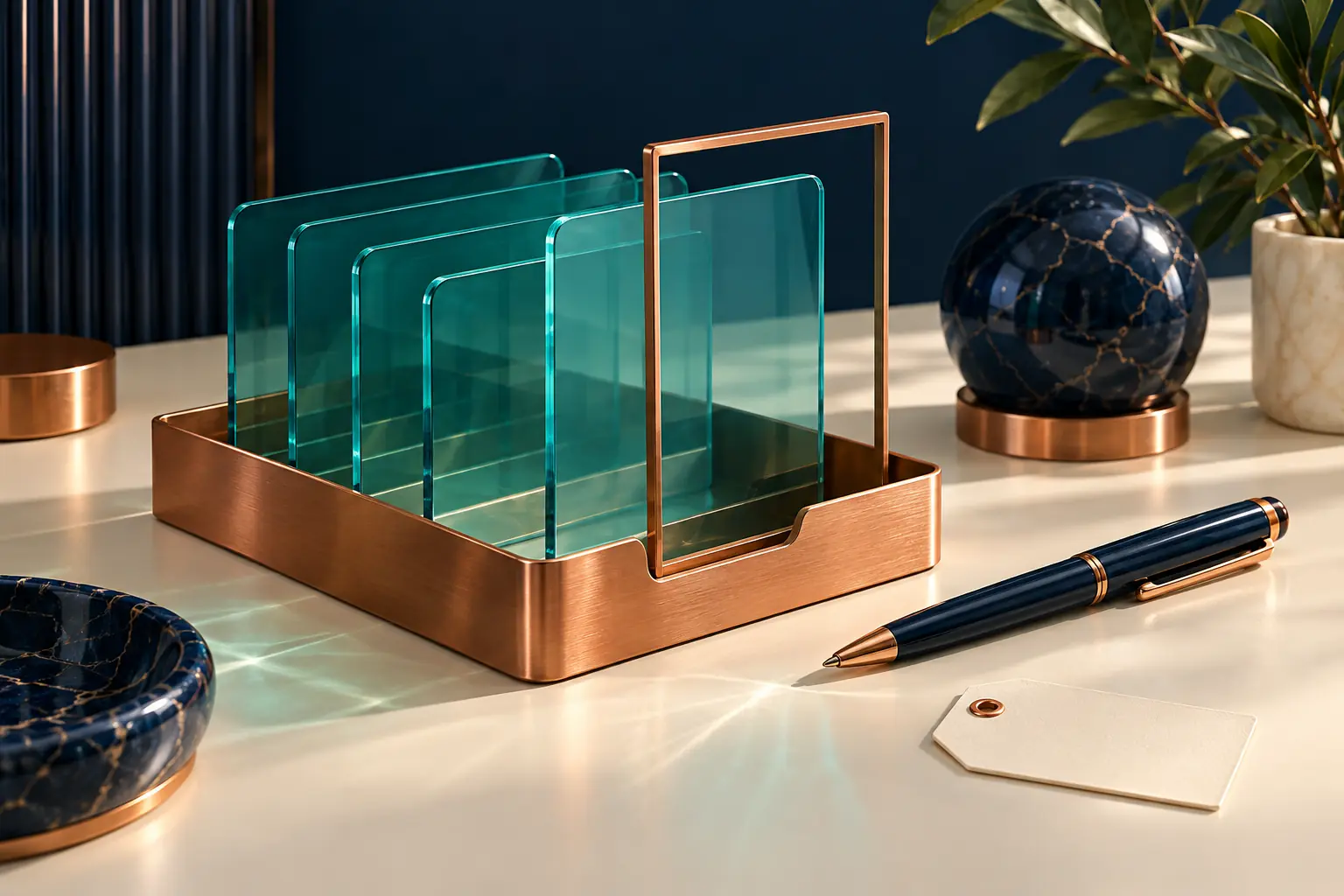 A copper inspection frame surrounds one of several teal glass cards in a filing tray